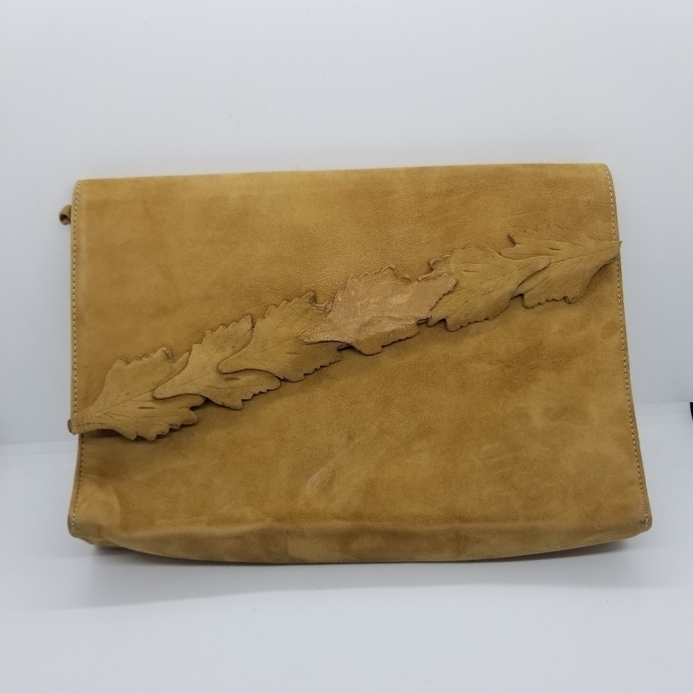 Lerre camel suede clutch with leaf detail